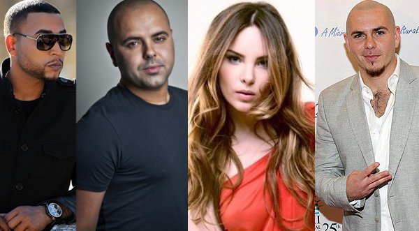 Don Omar, Pitbull y Juan Magán en disco de Belinda