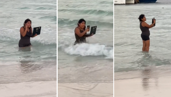 Joven es captada con su laptop dentro del mar y usuarios reaccionan: “De vacaciones, pero responsable”