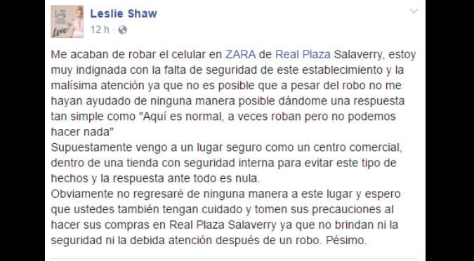 ¡Increíble! Leslie Shaw es víctima de robo en conocida tienda de Lima y ellos le responden así