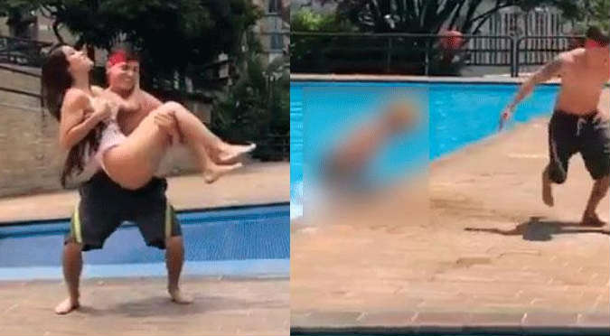 Viral: Lanzó a su novia a la piscina y pasó algo inesperado (VIDEO)