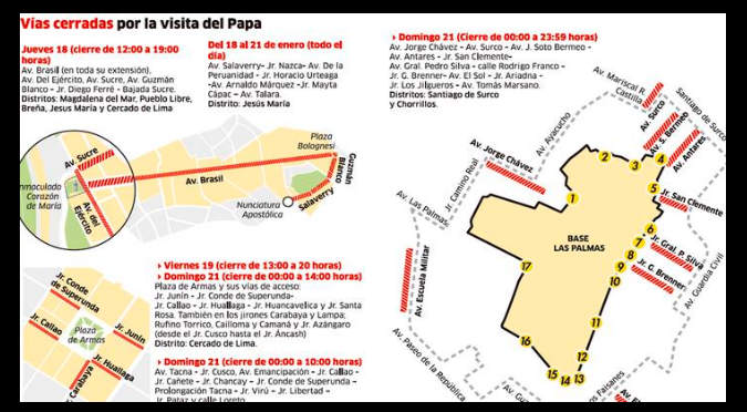 Papa Francisco: Conozca las vías que serán cerradas durante su visita a Perú