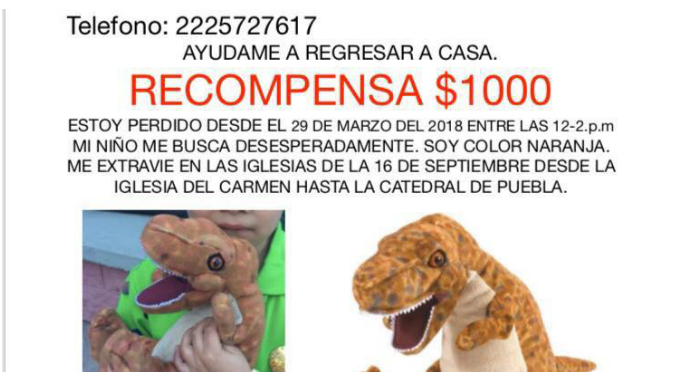 Facebook: Niño ofrece recompensa por su dinosaurio de peluche