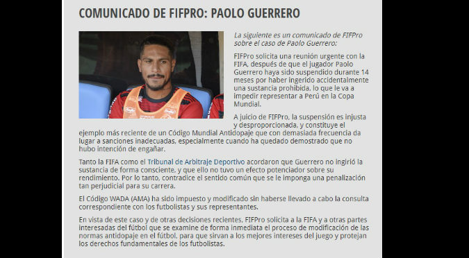 Paolo Guerrero: FIFPro en contra de sanción y pide reunión de urgencia con la FIFA