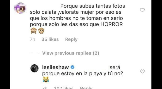 Leslie Shaw responde a usuaria que la criticó por mostrar su cuerpo