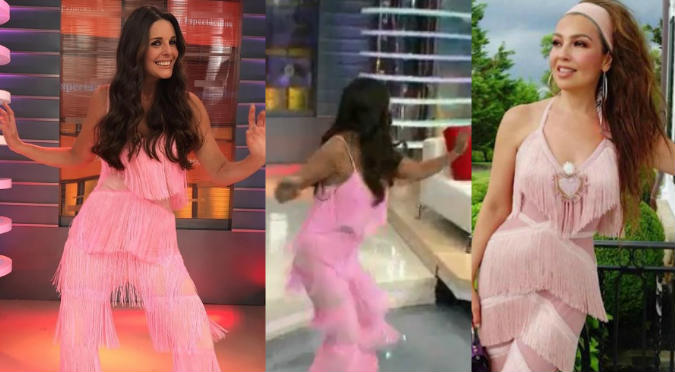 Rebeca Escribens usó vestido de Thalía para hacer reto viral en vivo (VIDEO)