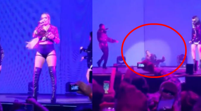 Karol G se cae durante concierto, y mira lo que hace Becky G (VIDEO)
