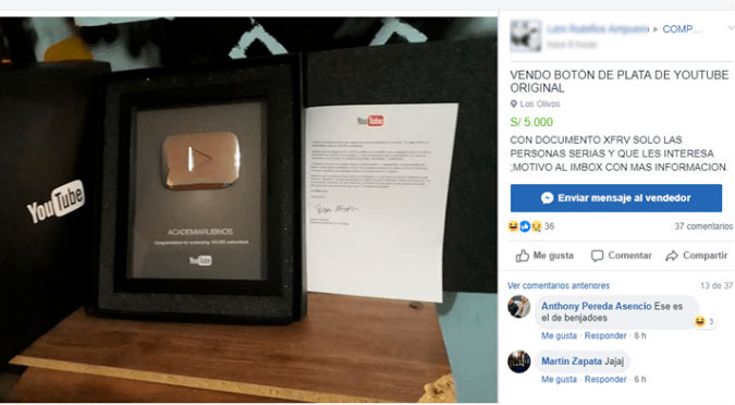 Youtuber peruano vende reconocimiento de YouTube en Facebook