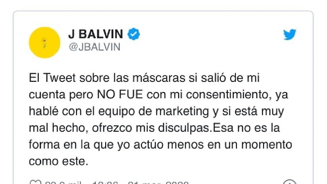 El equipo de marketing de J Balvin intentó vender mascarillas a través de una de sus cuentas oficiales (FOTOS)