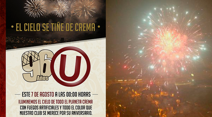 Universitario celebra su aniversario 96 con fuegos artificiales en todo Lima