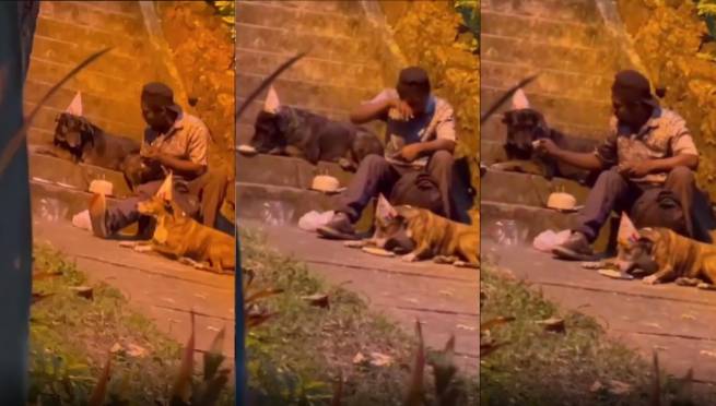 Hombre en situación de calle llora al celebrar cumpleaños de uno de sus perritos |VIDEO