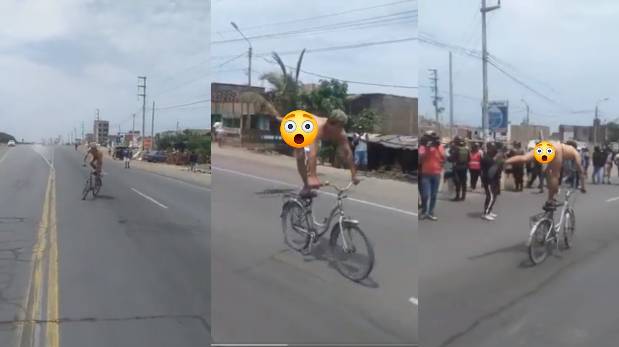 Hombre maneja bicicleta sin ropa como gesto de protesta en el paro de transporte | VIDEO