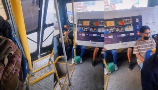 ¡Ahorro es progreso! Joven decide llevar su televisor de 55 pulgadas en bus para no gastar en taxi | VIDEO