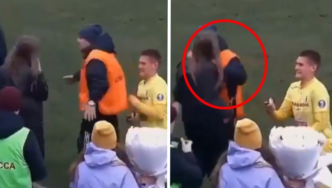 Futbolista propone matrimonio en pleno partido, pero agente empuja a su novia al creer que es una fanática | VIDEO