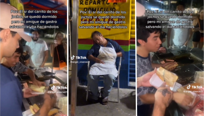Vendedor de Hot Dogs se queda dormido, pero jóvenes lo reemplazan para no perder ventas | VIDEO