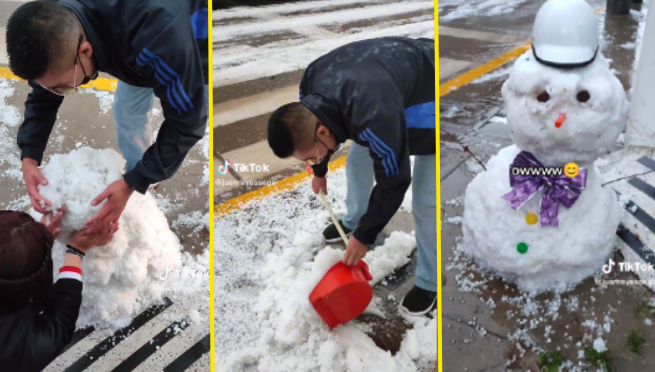 Peruanos aprovechan para armar inusual 'muñeco de nieve' tras el repentino granizo de Huancayo | VIDEO
