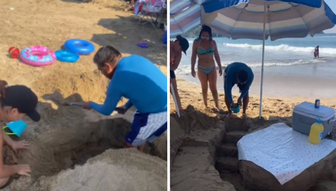 Familia causa furor al crear su propia mesa de arena para no pagar alquiler en la playa | VIDEO