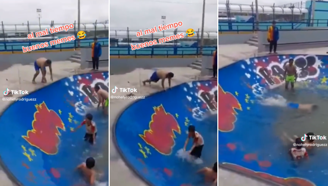 Peruanos usan skatepark como piscina tras inundaciones y se vuelven virales | VIDEO