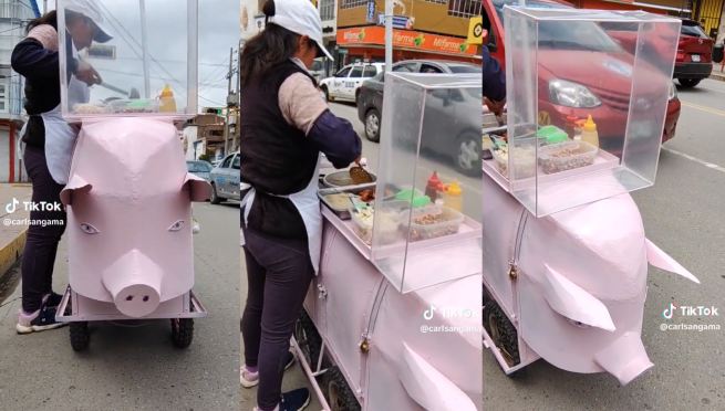 Emprendedora peruana fabrica un puesto en forma de chancho para vender chicharrones