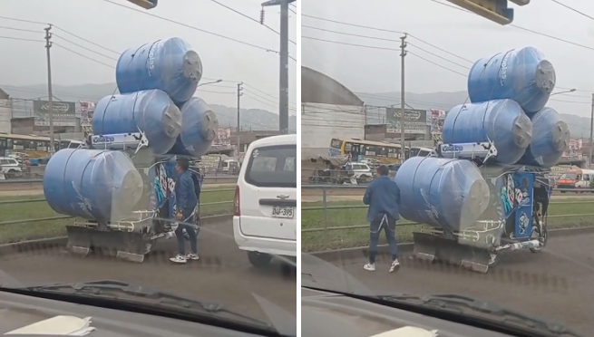 Peruano transporta 4 cisternas en una mototaxi y se vuelve viral: “Fijo se voltea”