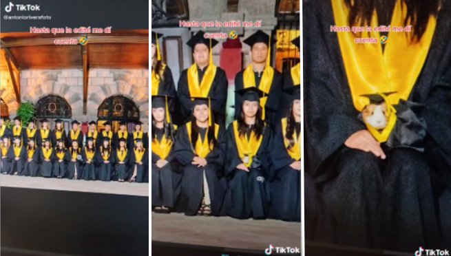 Cuy con toga y birrete se infiltra en foto de graduación universitaria | VIDEO