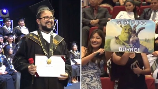 Sanmarquino se gradúa, pero sus amigas lo felicitan con peculiar cartel: '¡Si se pudo, burro!' | VIDEO