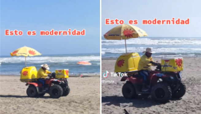 Heladero es sensación por llegar con cuatrimoto a playa peruana: 