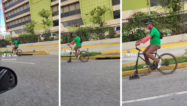 ¡Insólito! Se le malogra la rueda de su bicicleta y la remplaza con la rueda de un patín | VIDEO