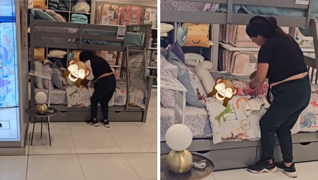 Mujer usa cama en tienda de Mall de San Juan de Lurigancho para cambiar pañal de su bebé