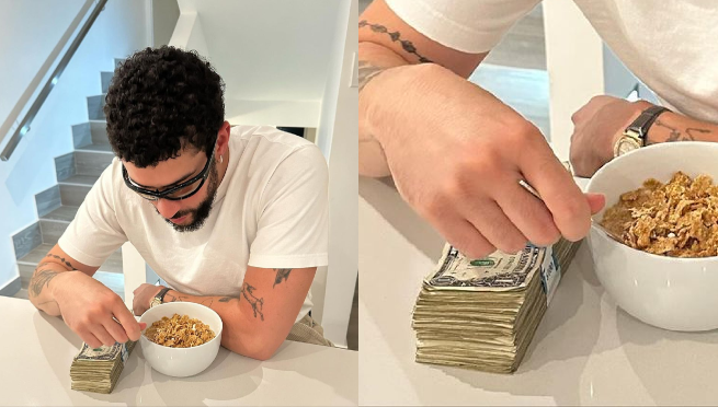 Bad Bunny genera polémica por compartir una foto desayunando junto a un gran fajo de billetes