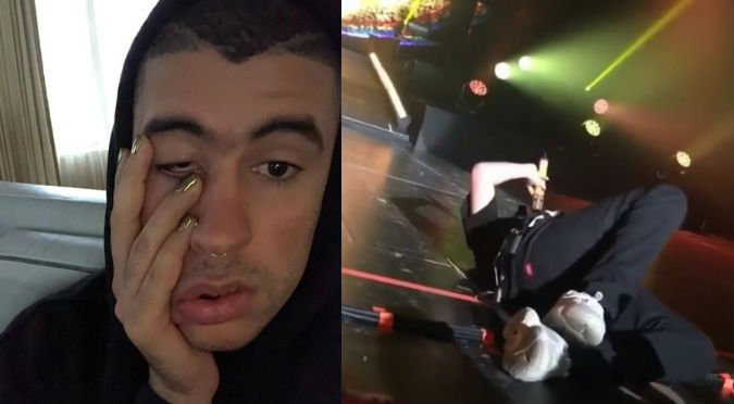 Bad Bunny se tira al piso por fuerte dolor en pleno concierto (VIDEO)