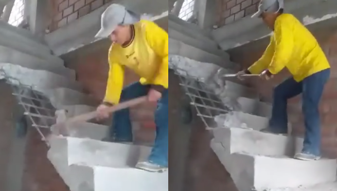 Albañil destrozó a ‘combazos’ la escalera que construyo porque no le pagaron: “Mi primera chamba”